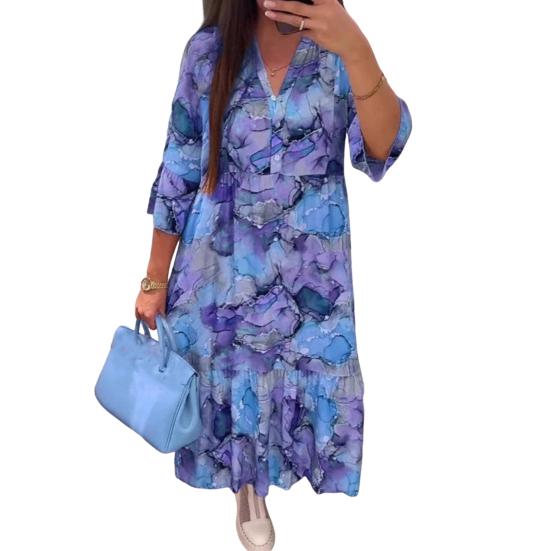 Женское платье макси с цветочным принтом в стиле бохо, летнее свободное платье миди с V-образным вырезом, повседневное платье А-силуэта с длинными рукавами для вечеринок, пляжного отдыха