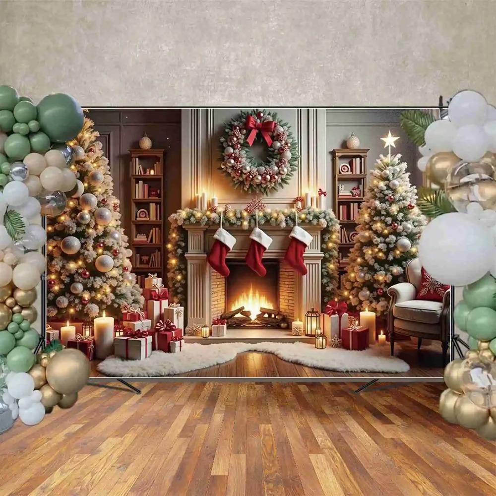 Merry Christmas Fireplace Carpet Sofa Photo Wall Decoration Banner Photography Background Children's Home Photography Background