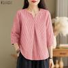 ZANZEA Women Casual V-Neck 3/4 Sleeve Loose Stripe Blouse