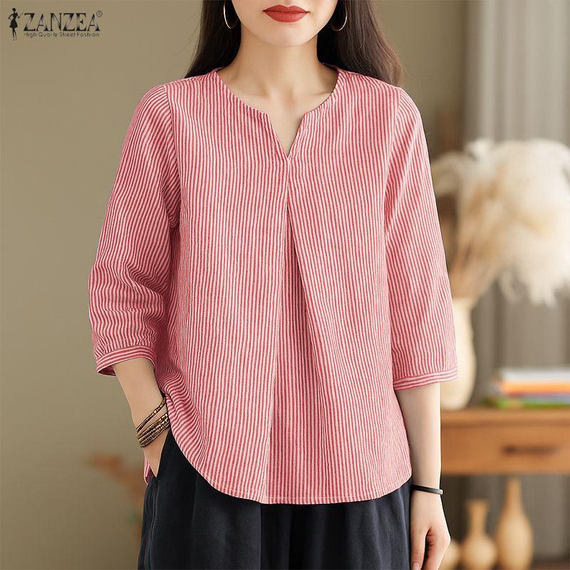 ZANZEA Women Casual V-Neck 3/4 Sleeve Loose Stripe Blouse