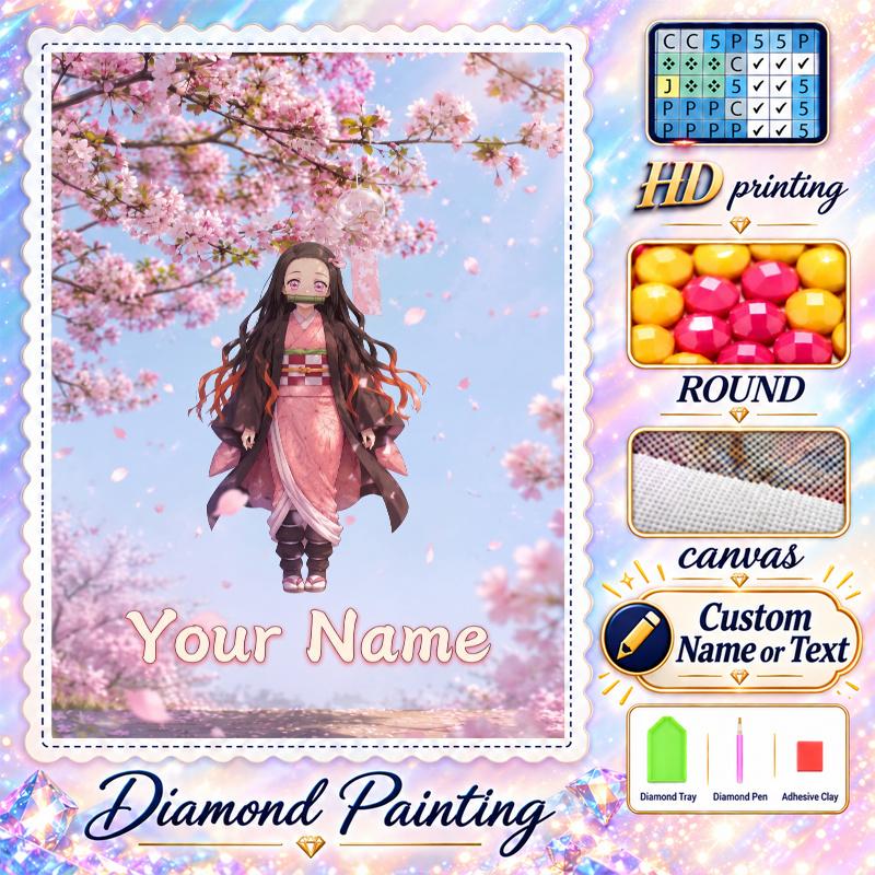 Nezuko Kamado 5D DIY Diamond Painting Custom Name Text, Full Drill Rhinestone Mosaic Art Home Gift