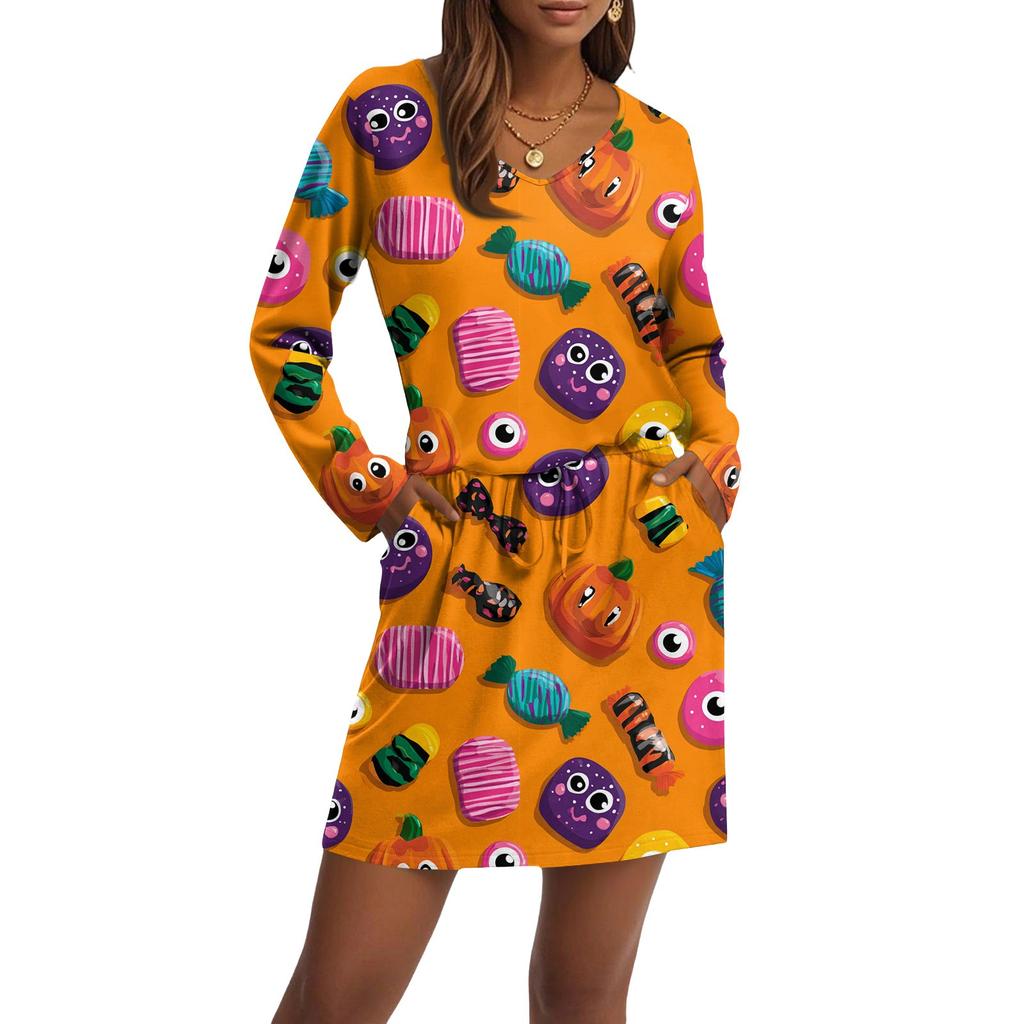 Women's Fashionable V-neck Long Sleeved Drawstring With Pocket Halloween Printed Casual Dress