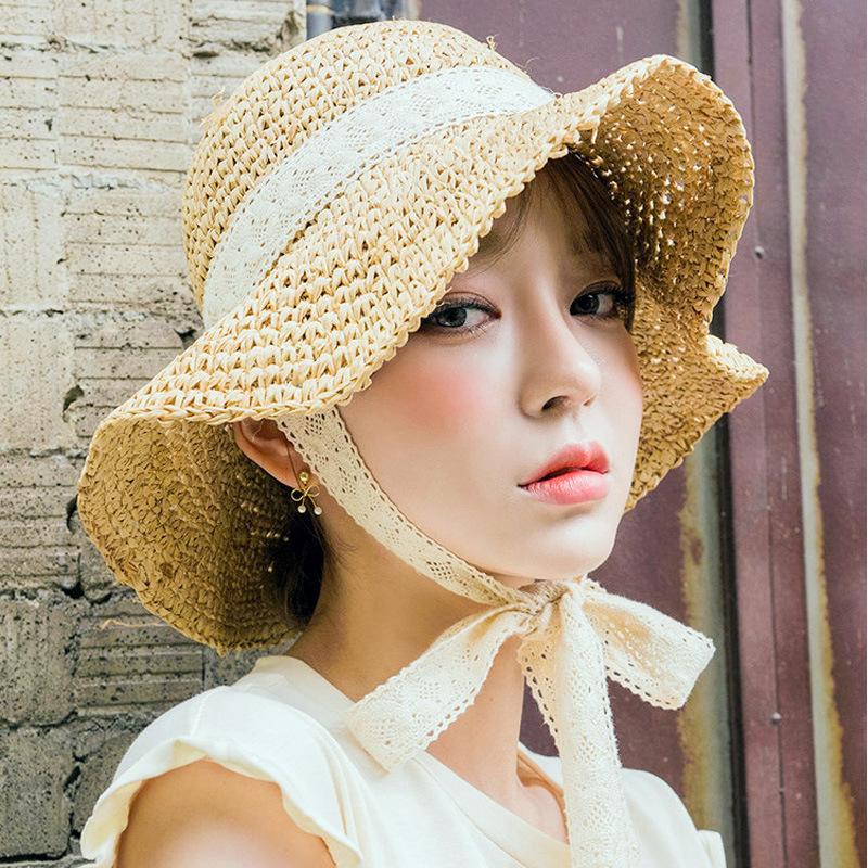 Sun hat children summer lace-up straw hat chic small fresh hand-woven summer beach hat