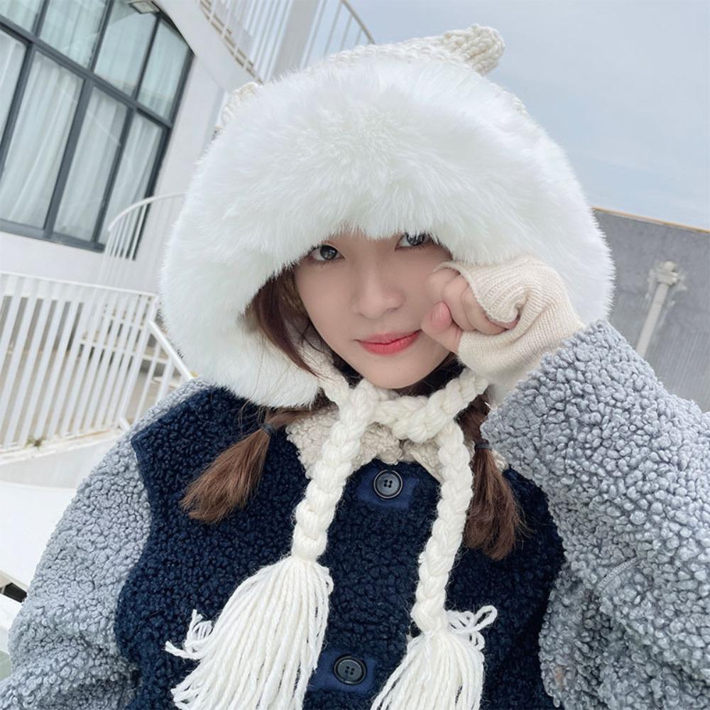 Ветрозащитная плюшевая шапка, вязаная шапка из искусственного меха, модная шапка с кошачьими ушками, для девочки