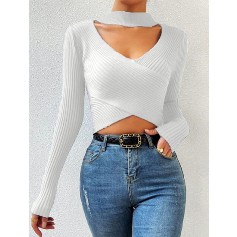 Осень-зима для женщин с длинным рукавом колье на шею с запахом укороченный вязаный свитер в рубчик повседневный пуловер одежда