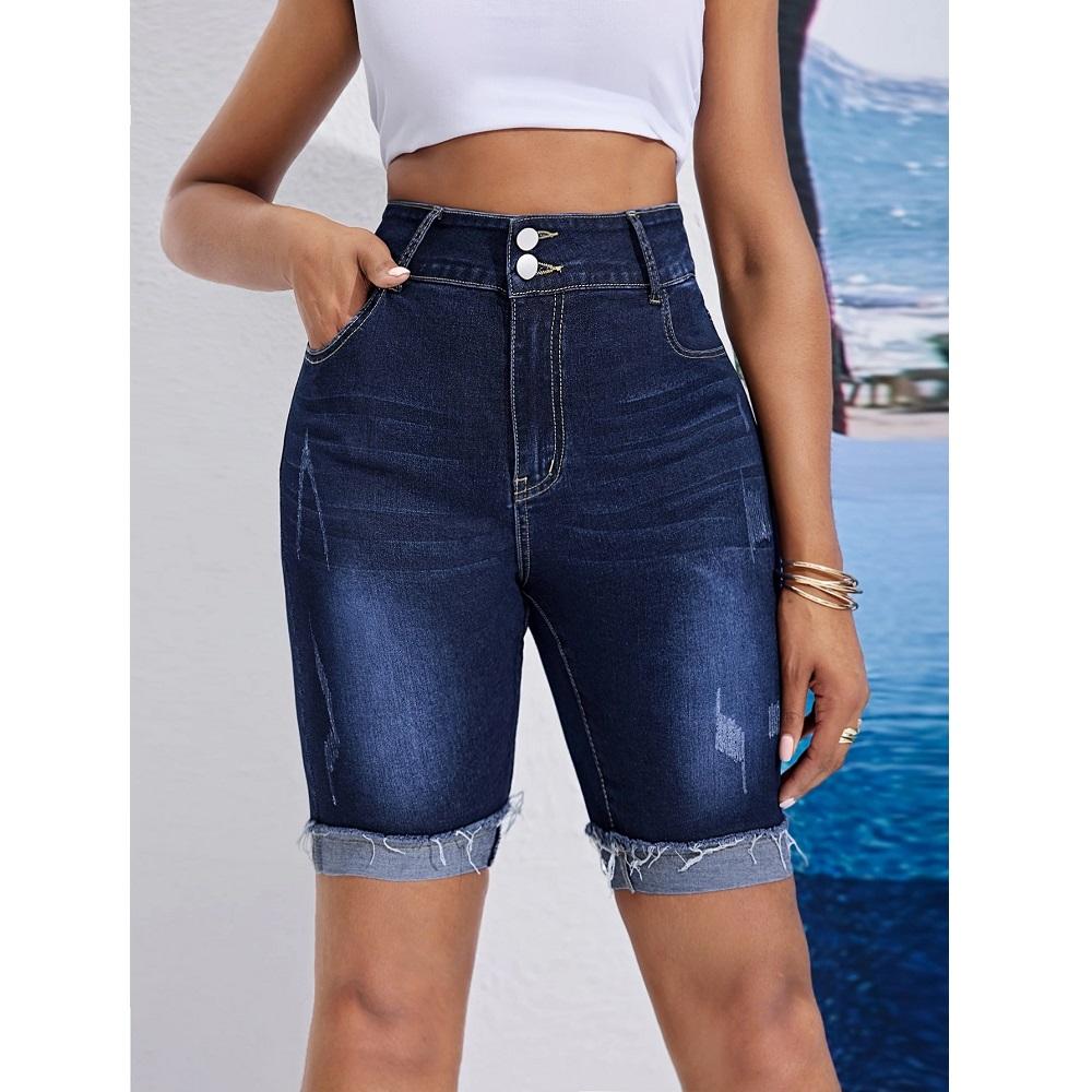 Women Summer High Waist Knee Length Denim Shorts Ladies Stretch Jeans Short Pants