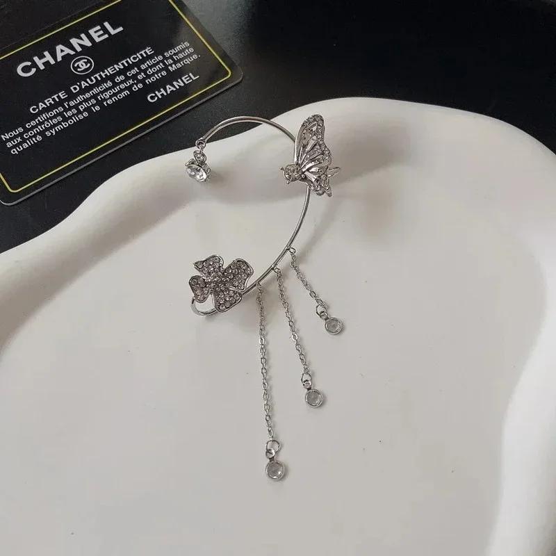 Модные серьги-клипсы с кристаллами и бабочками для женщин, жемчужные бусины, каффы с длинными кисточками, полые серьги-клипсы, свадебные украшения, подарок