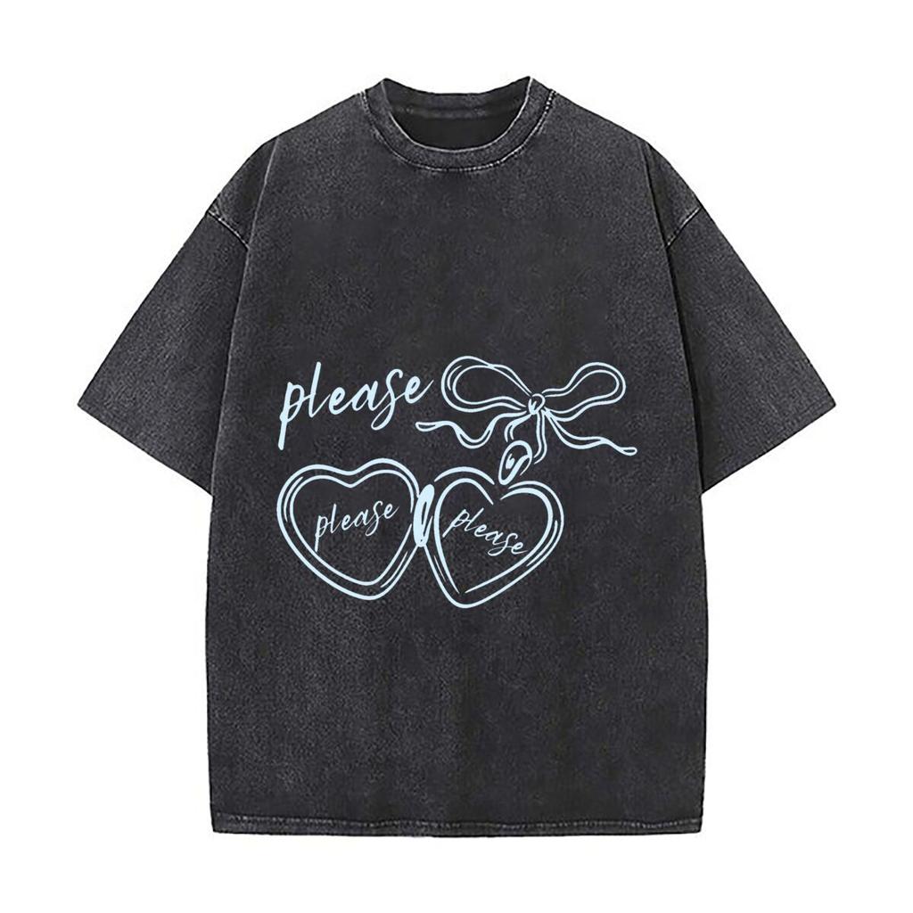 Please Bow Heart Sunglasses Blue Coquette Graphic Washed Distressed Loose Streetwear Tops For City Walks