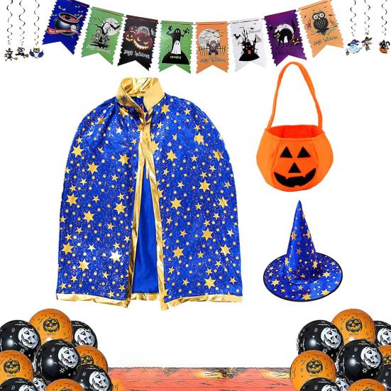 Child Witch Costume Unique Anime Cosplay Cape Hat Set Sparkling Pentagram Design with Pumpkin Bag Halloween Party Supplies