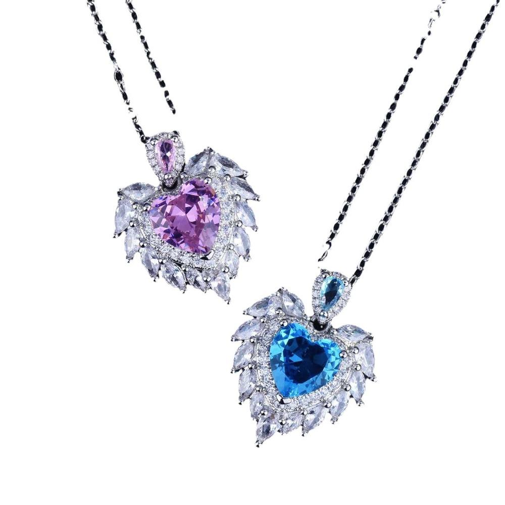 Angel Wing Pendant Necklace with Simulated Aquamarine Heart Wing Jewelry Design for Women