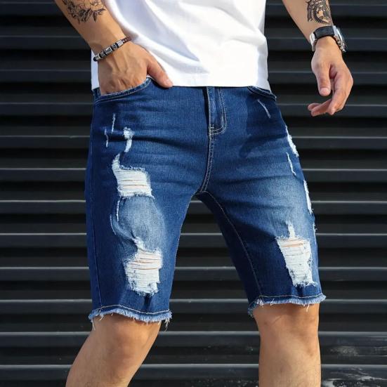 Men Denim Shorts Straight Tapered Legs Ripped Holes Design Knee-Length Shorts Versatile