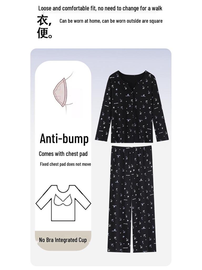 Женская пижама кимоно из хлопка с длинным рукавом и нагрудными вкладышами - милый мультяшный комплект с V-образным вырезом для весны и осени