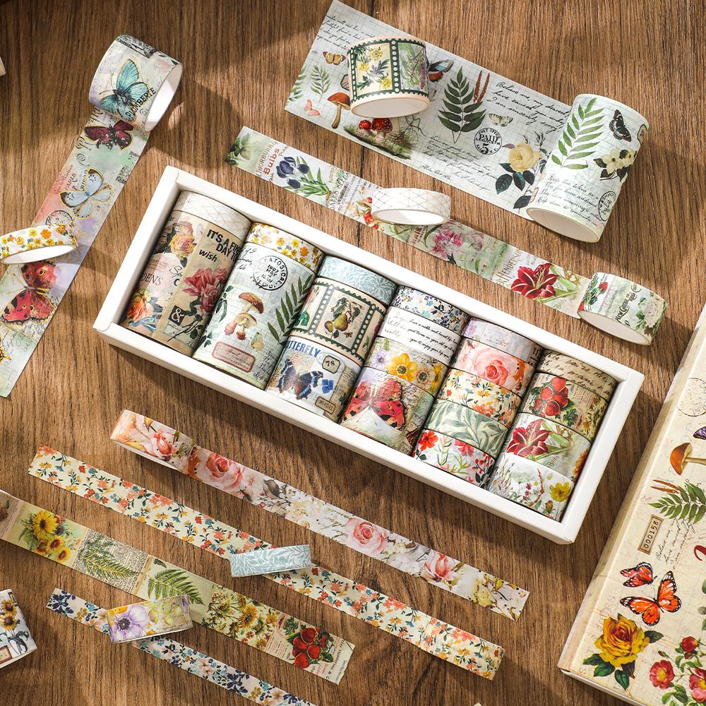 20 Rolls Vintage Washi Tape Set Butterfly Flower Plant Masking Tape 3 Rolls Bronzing Tape Scrapbooking Supplies