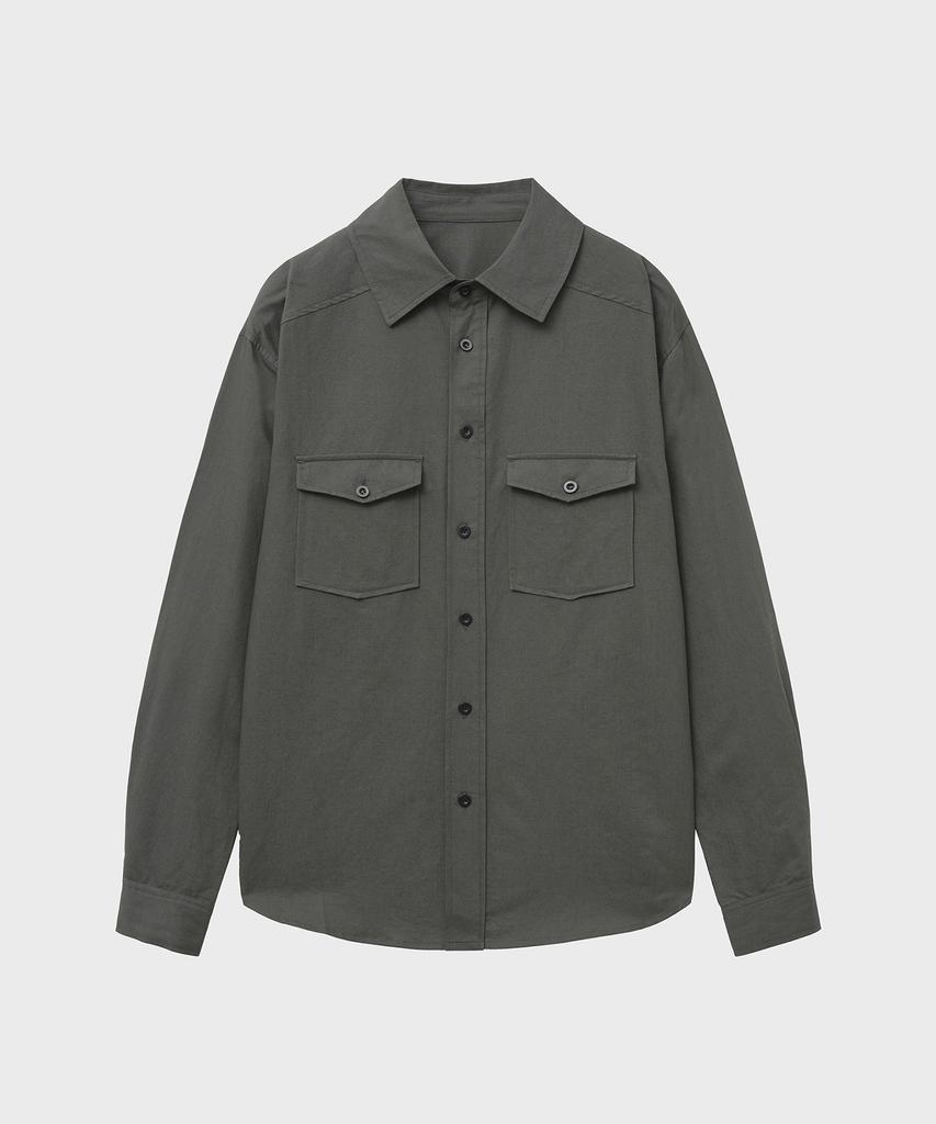 NOIRER Linen Cotton Loose Fit Work Shirt (Grayish Khaki)