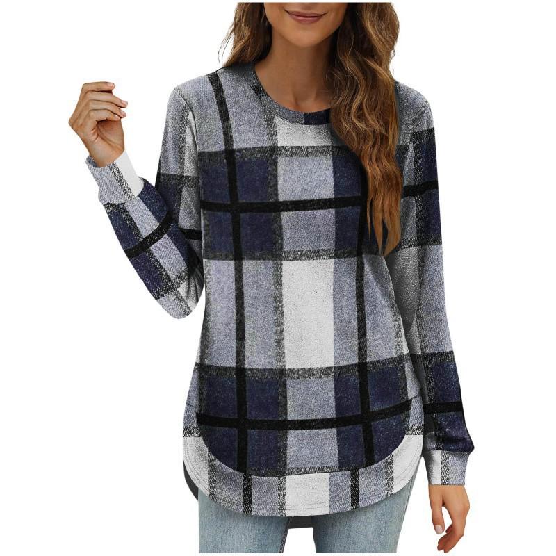 2026 Women's Casual Loose Plaid Long Sleeves Round Neck Irregular Bottled Shirt Top