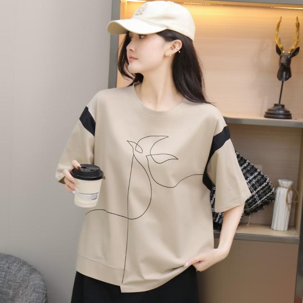 Dimanaf 2025 Летняя хлопковая футболка женская с принтом асимметричная с коротким рукавом свободная