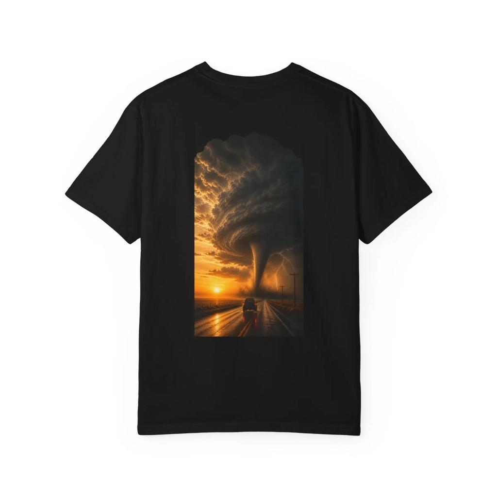 Wedge Tornado Sunset Storm Chaser T-Shirt Black Back Print Comfort Colors 1717