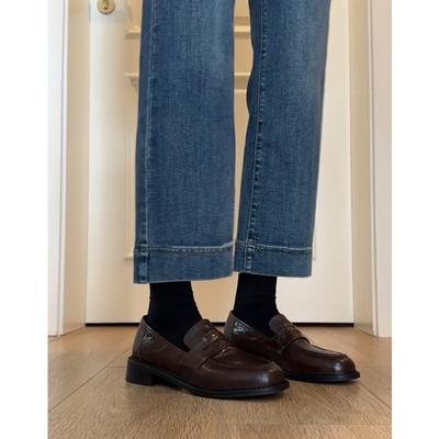 Версия из овчины~ натуральная кожа толстая подошва круглый носок британские ретро маленькие кожаные туфли женские универсальные толстый каблук лоферы на одной педали одинарная туфля