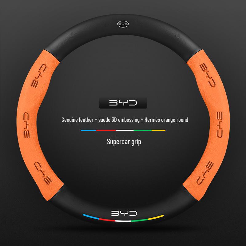 Compatible BYD Qin, Han, Tang, Song, Yuan E2 Destroyer Dolphin Leather Steering Wheel Cover with 3D Embossing