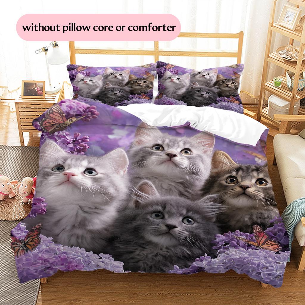 Purple Tabby Cat Pattern Bedding Quilt Set Quilt Cover Pillowcase Home Decoration Gift (1 * duvet cover + 2 * pillowcase, without core)