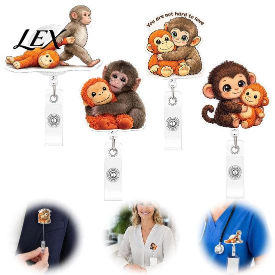 Acrylic Badge Clip for Nurses Retractable Holder, Cute Monkey Pattern Print 360 Degree Rotating Cartoon Access Card Reel Clip, Telescopic Easy-pull