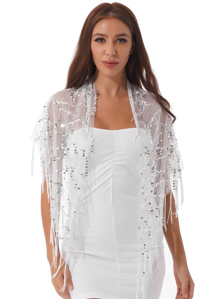 Женская прозрачная сетчатая шаль с блестками и кисточками, вечерние накидки, шарф с бахромой, Outerwar