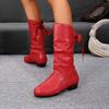 Западная обувь для женщин Универсальные ботильоны на толстом каблуке Ботфорты до колена Красные Черные Высокие сапоги Женские Плиссированные На низком каблуке Женские сапоги