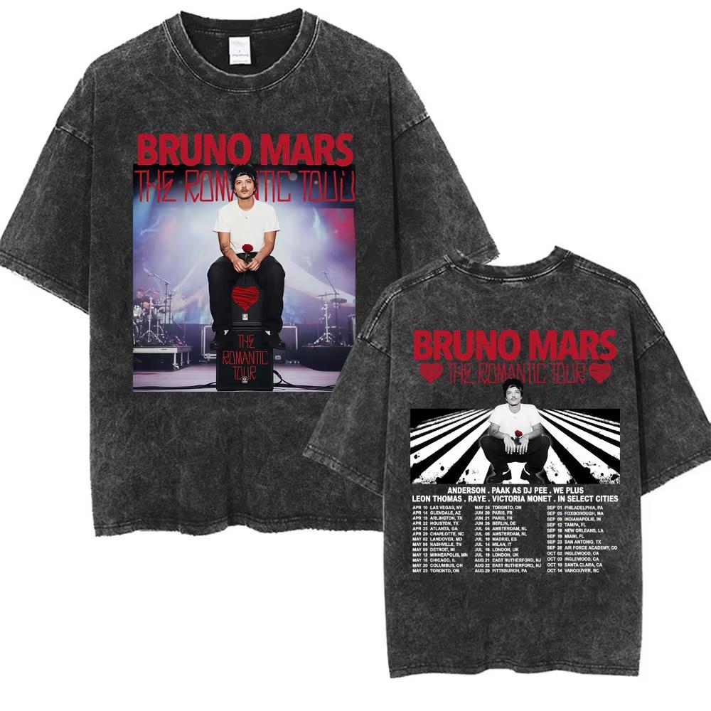 Bruno Mars The Romantic Tour 2026 Vintage Washed T Shirt Men Women Fashion Hip Hop Pop Music T-shirt Summer Casual Cotton Tshirt