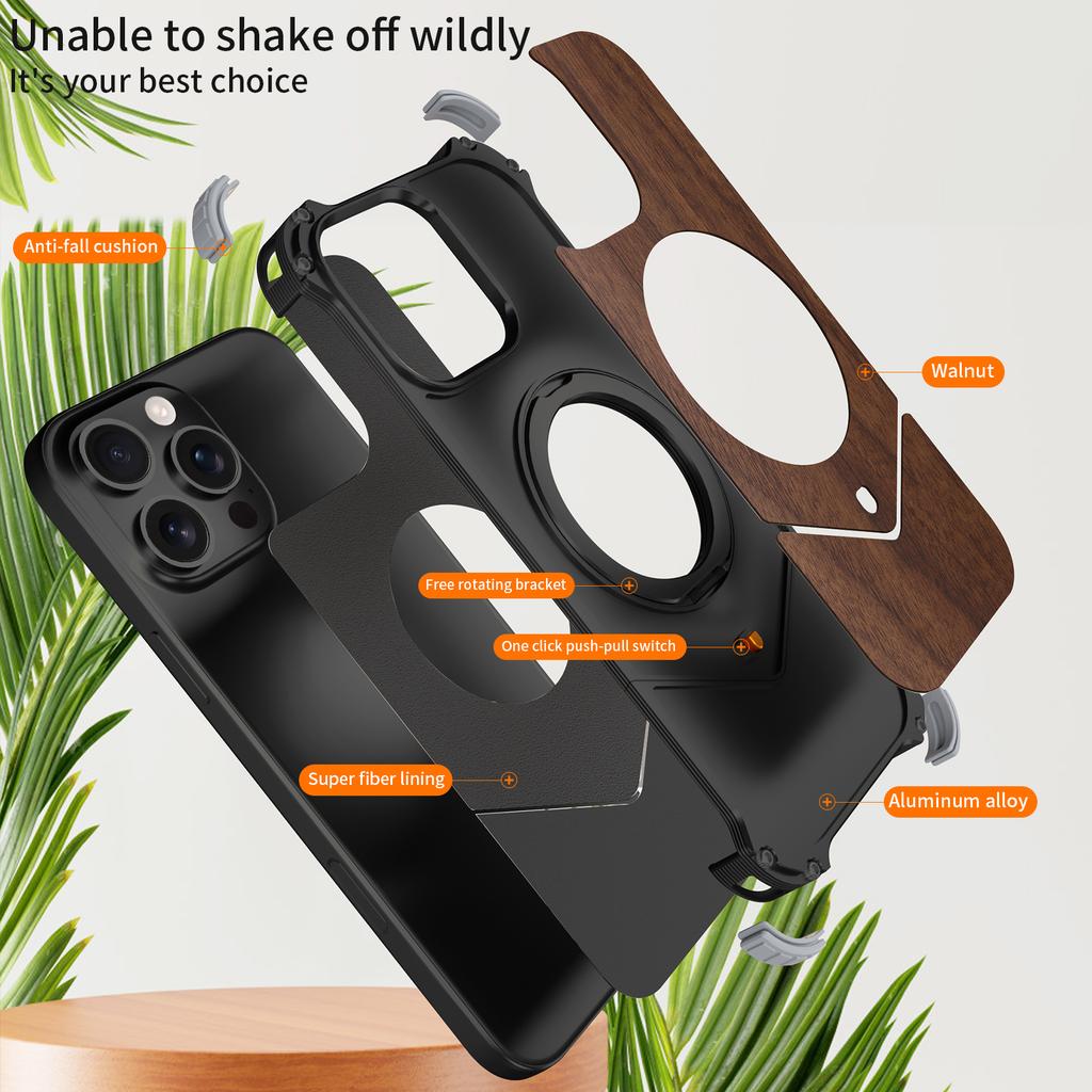 For iPhone 16 Pro Max Magnetic Case Wood + Metal Boardless Phone Back Cover with Ring Kickstand