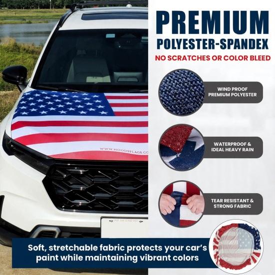 American Flag Car Hood Cover 63 X 47 Inch Stretchable Polyester Spandex Fabric Fits Most Cars Trucks SUVs with Small Decorative Flags Secure Clips
