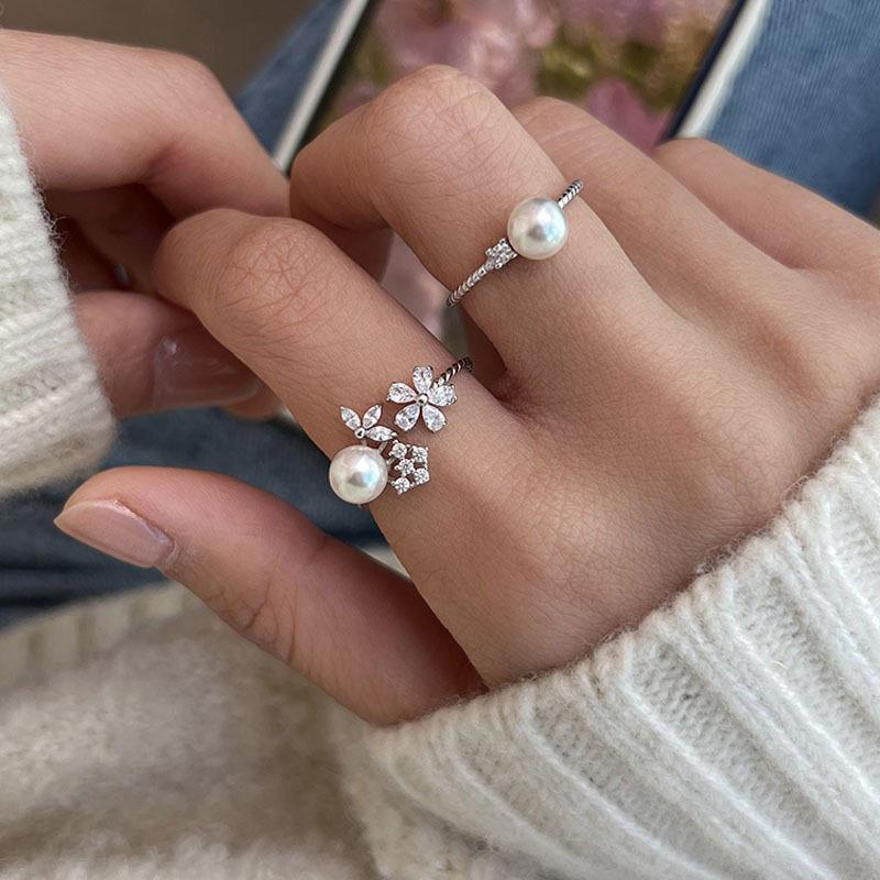 Threaded Pearl Ring Classic Women'S Fashion Versatile Simple Atmospheric Twist Zircon Index Finger Ring