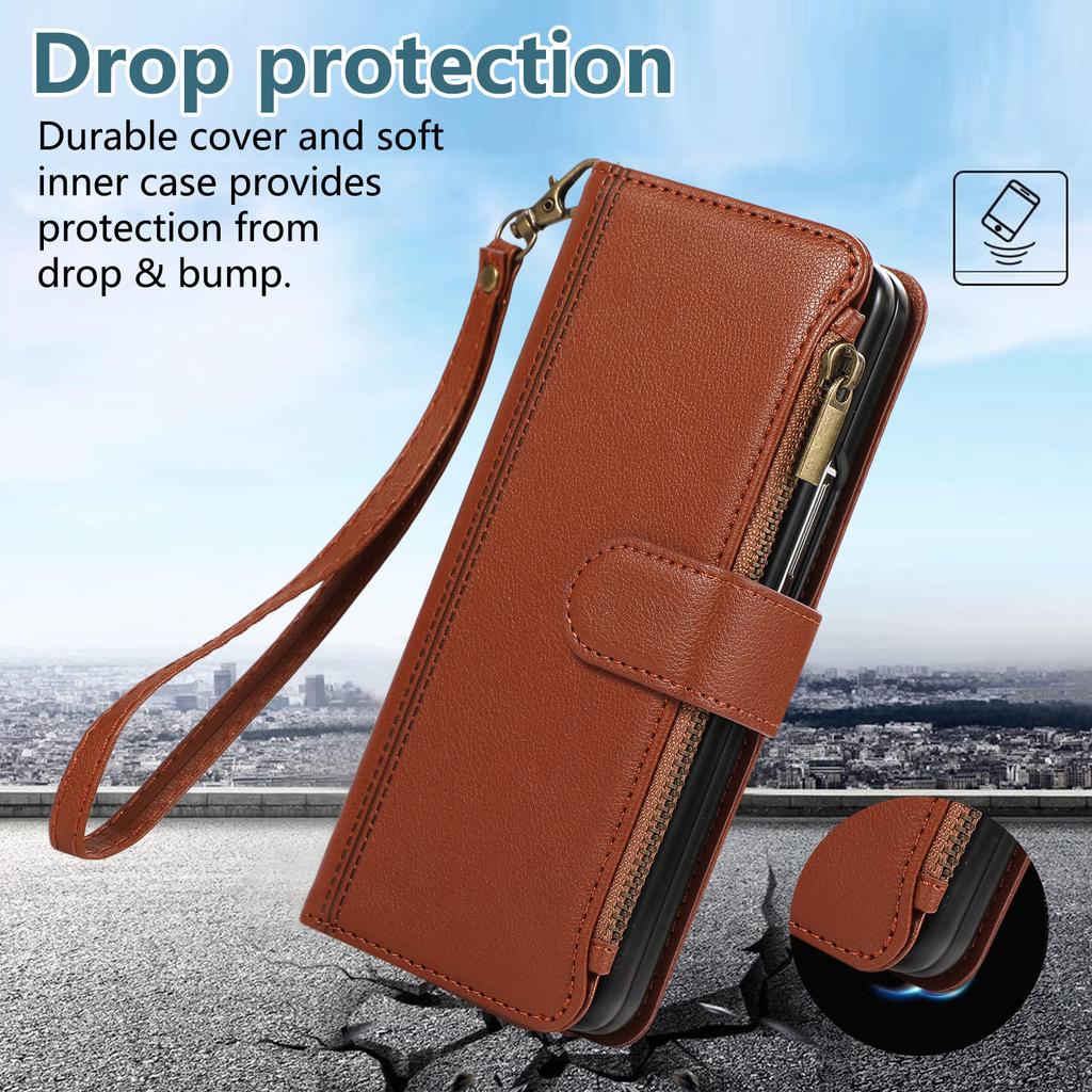 Zipper Cards Bag Wallet Leather Case For Samsung Galaxy Z Fold 7 6 5 4 3 5G Fold7 Fold6 Fold5 Long Lanyard Crossbody Stand Cover