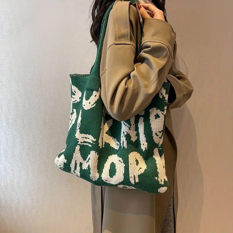Сумка через плечо с буквенным принтом, большая вместительная сумка контрастного цвета из хлопчатобумажной ткани, летняя модная вязаная сумка ручной работы