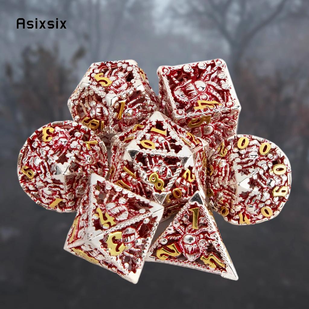 7 Pcs Silver Red Octopus Metal Dice Hollow Metal Polyhedral Dice Set Suitable for Role-Playing RPG  Board Game Card Game