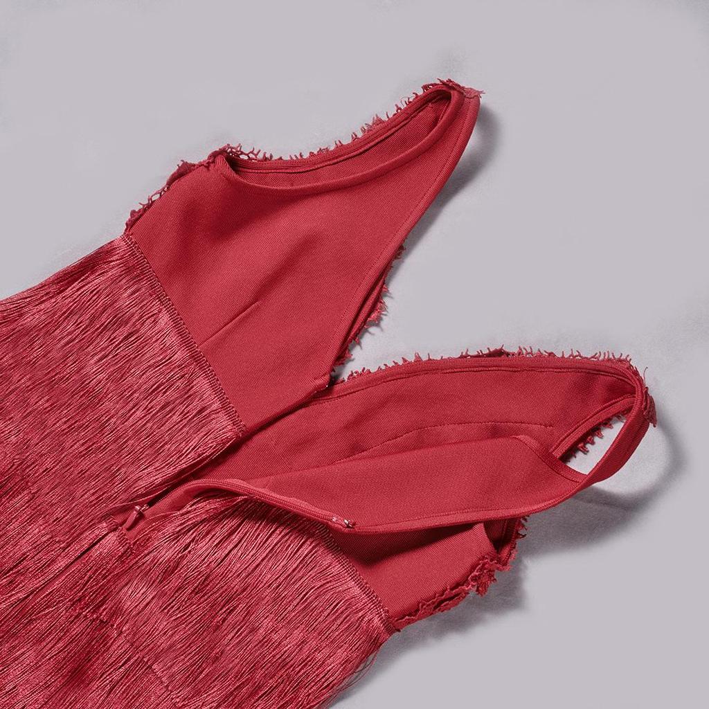 Женское Бандажное Вечернее Платье Слоями с Красной Кружевной Отделкой и Бахромой