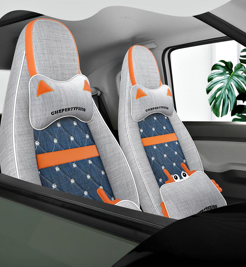 Cartoon Linen Seat Cover for Wuling Hongguang MiniEV Macaron – Full Wrap Interior Cushion