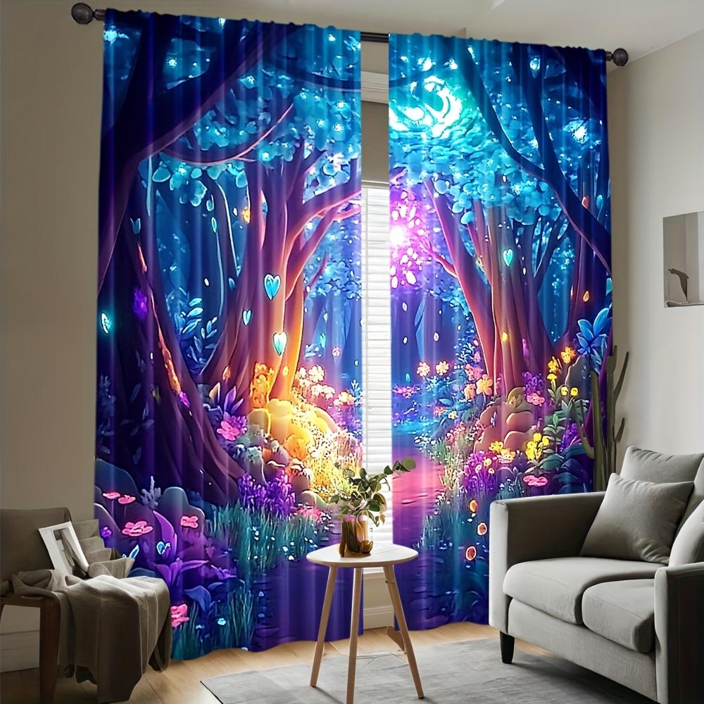 2Pcs Magic Forest Curta Glowing Tree Print Polyester Window Drapes For Kids Room Bedroom Fantasy Home Decor