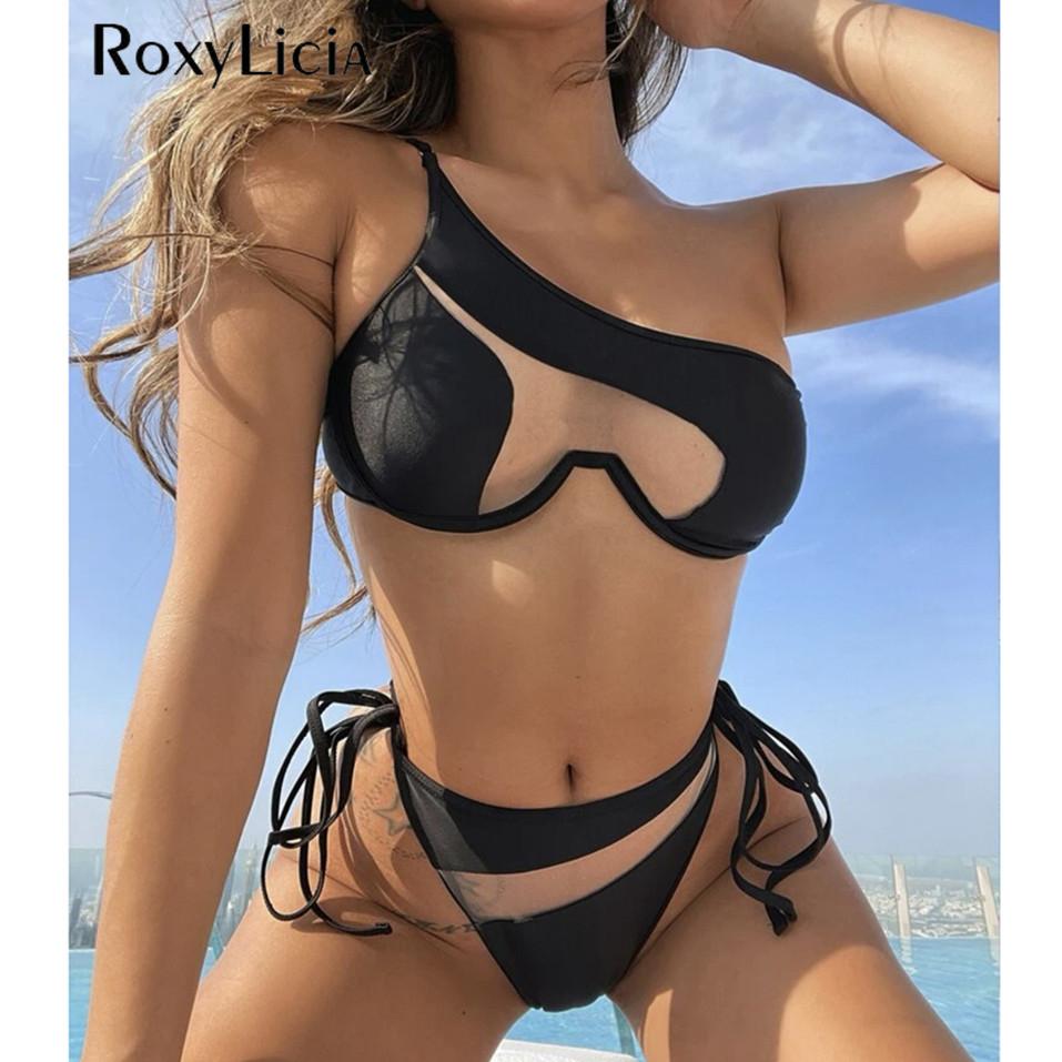 Sexy One Shoulder Underwired V-Bar Bikini Female Swimsuit Women Swimwear Two-pieces Bikini Set Bather Bathing Suit Swim