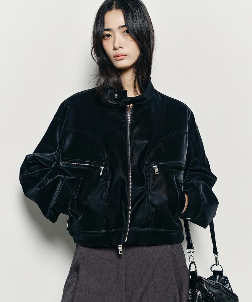 Nick&Nicole Satin Leather Crop Blouson Jacket_Black