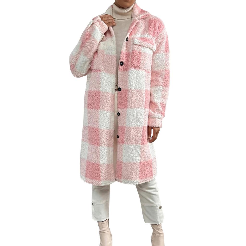 Women's Casual Coat Winter Overcoat Jacket Plaid Print Drop Shoulder Teddy Coat