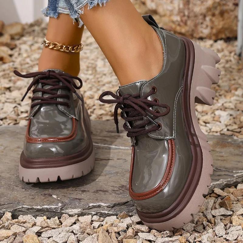 Балетки больших размеров 2025 Женские туфли на высоком каблуке Платформа Круглый носок Средний каблук Шнуровка Туфли-лодочки для ретро офиса и карьеры
