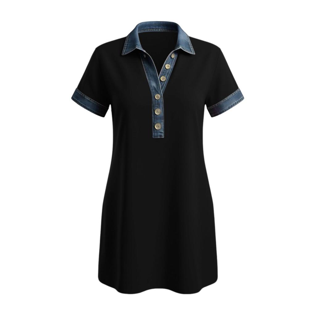 Women's Denim Printed Patchwork Dress Short Sleeve Button Up Dresses Loose Tshirt Dresses Casual Dress