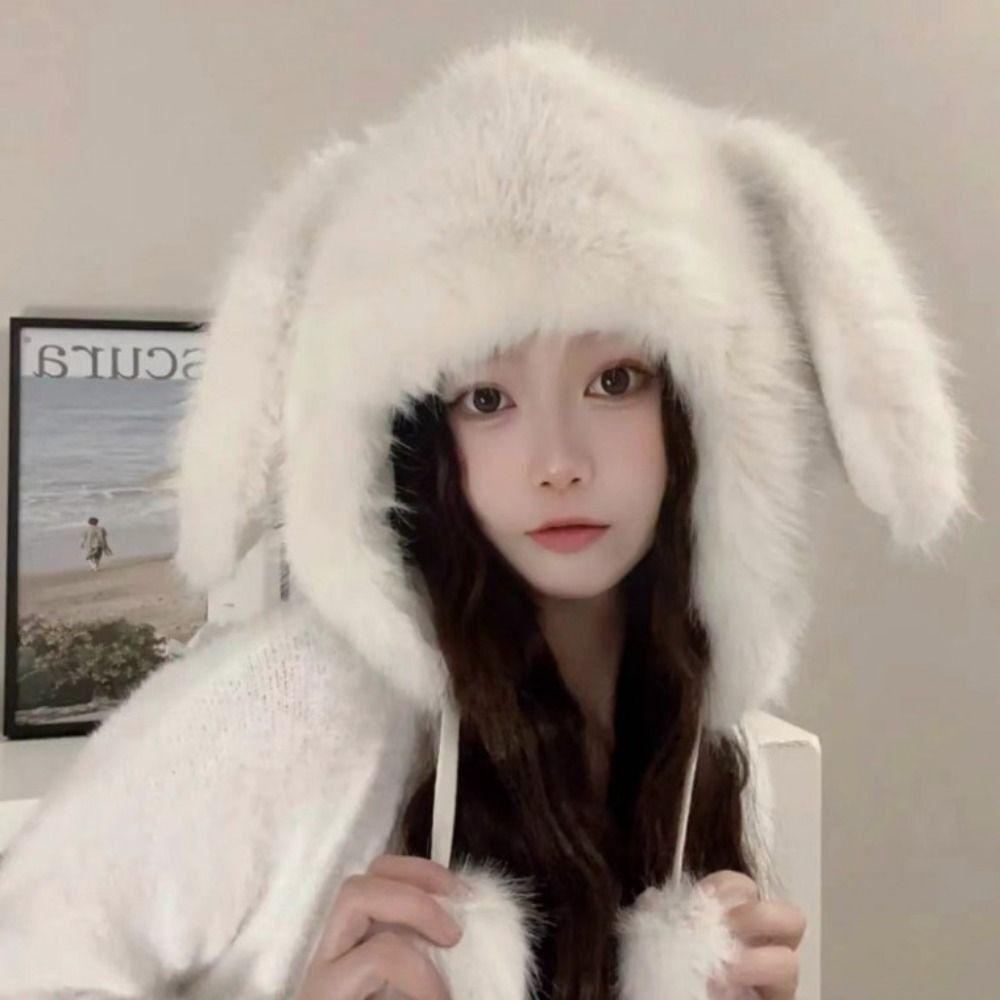 Милая шапка с ушками кролика Защита ушей Утолщенная шапка Теплая Мультяшная шапка на голову Осень и Зима