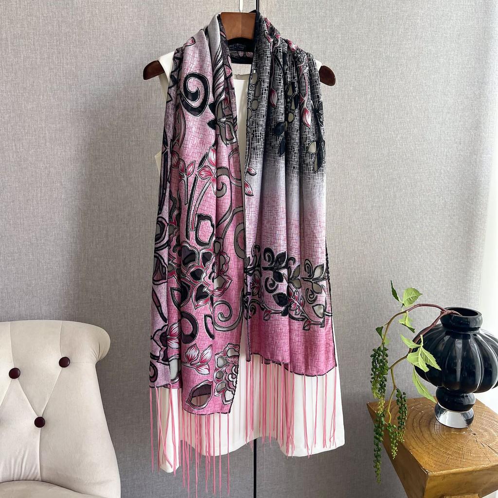 Этнический стиль кружевной шелковый шарф женский тренд мода бахрома вышивка тренд тонкий шарф шаль