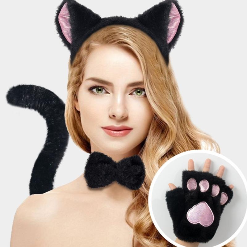 Cats Ears Headbands with Tail Cats Tail,Glove Bowtie Halloween Cosplays Costume