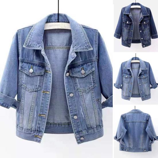 Весенне-осенняя женская джинсовая куртка с лацканами, рукавами 3/4 и карманами с клапанами, однобортное повседневное короткое пальто, женская верхняя одежда