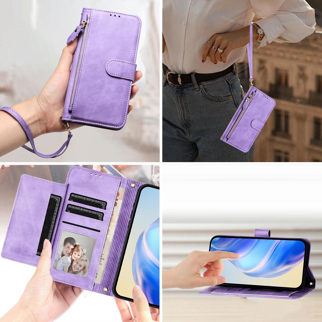 Кожаный чехол-кошелек на молнии для телефона Kiskstand для iPhone 16 15 Pro Max Samsung S25 S24 Ultra Xiaomi Redmi Honor Oppo Магнитный держатель для карт откидная крышка