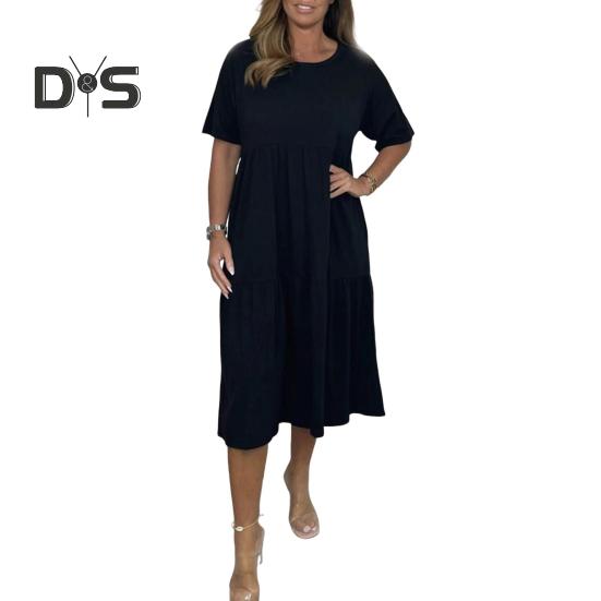 Женское летнее повседневное платье с коротким рукавом, струящееся А-силуэта, многоуровневое платье миди с круглым вырезом, пляжный свободный сарафан для отпуска и путешествий