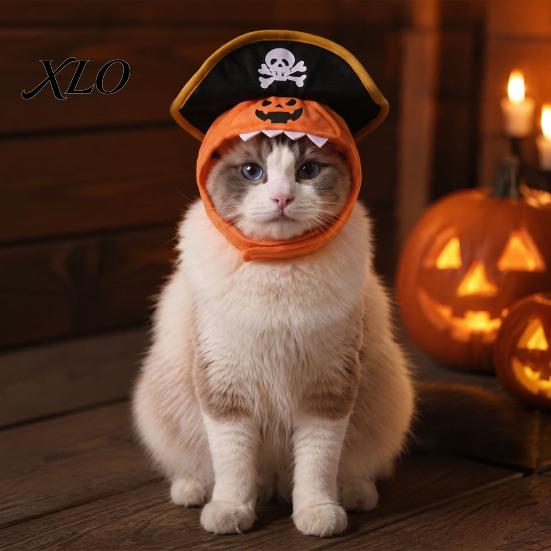 Soft Fabric Pet Costume Cat Pumpkin Pirate Hat, Halloween Cozy Funny Comfortable Kitten Winter Cap Cosplay Hat for Cats, Small Dogs, Holiday