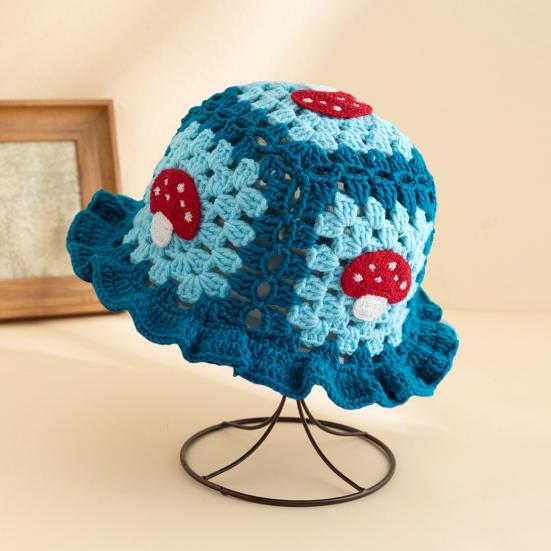 Мультяшная шерстяная шапка с аппликацией в виде вишневого гриба, вязаная шапка, полая, конфетного цвета, детский головной убор, ведро